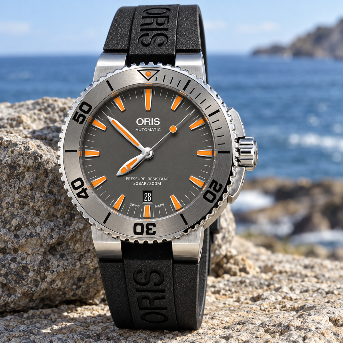 Oris Aquis Date 43mm Grey Orange Dial Tungsten Bezel Black Rubber Automatic Men's Watch – coastal lifestyle