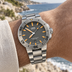 Oris Aquis Date 43mm grey dial orange accents tungsten bezel steel bracelet – wrist lifestyle