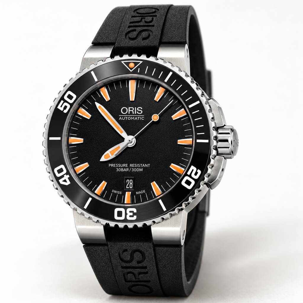 Oris Aquis Date 43mm Black Orange Dial Black Rubber Automatic Men's Watch – studio