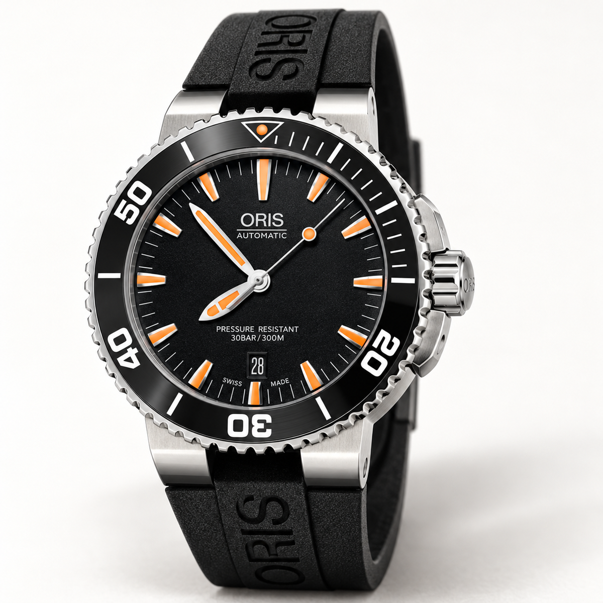 Oris Aquis Date 43mm Black Orange Dial Black Rubber Automatic Men's Watch – studio