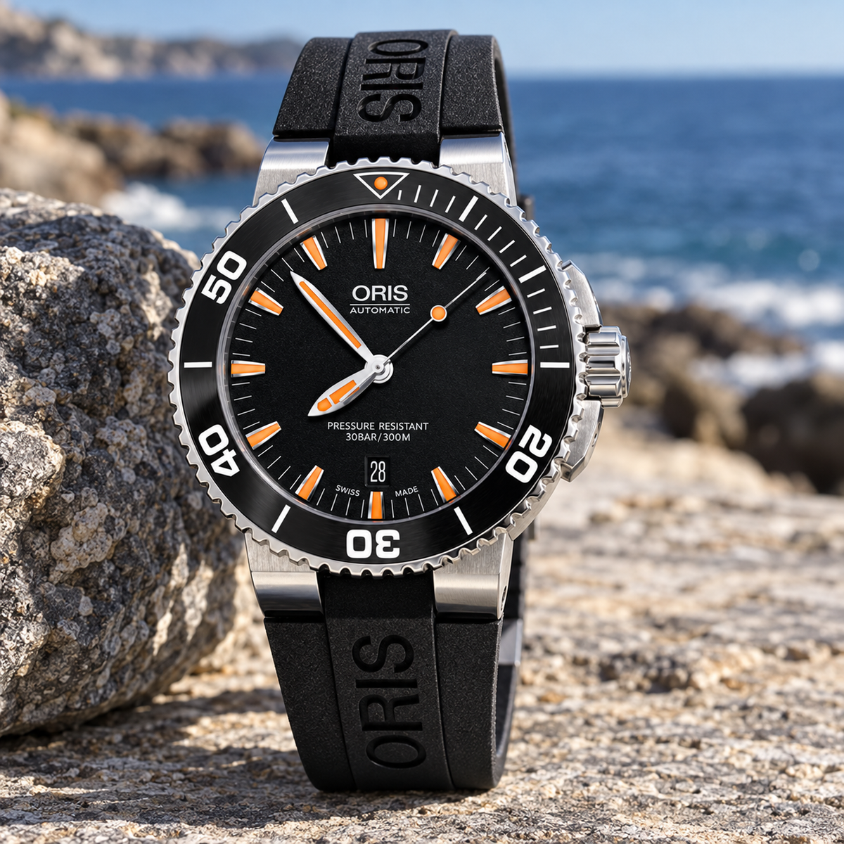 Oris Aquis Date 43mm Black Orange Dial Black Rubber Automatic Men's Watch – coastal lifestyle