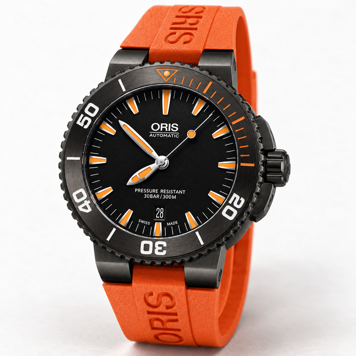 Oris Aquis Date 43mm Black Orange Dial Grey PVD Orange Rubber Automatic Men's Watch – studio