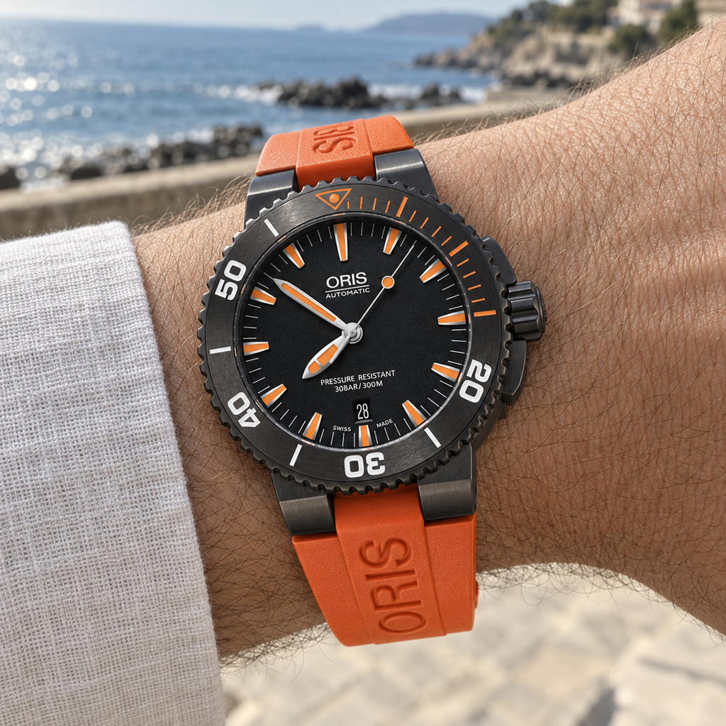 Oris Aquis Date 43mm Black Orange Dial Grey PVD Orange Rubber Automatic Men's Watch – wrist lifestyle