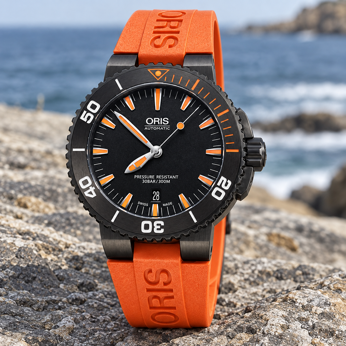 Oris Aquis Date 43mm Black Orange Dial Grey PVD Orange Rubber Automatic Men's Watch – coastal lifestyle