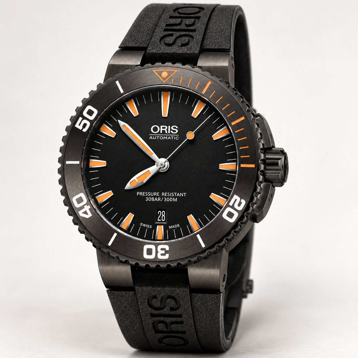 Oris Aquis Date 43mm Black Orange Dial Grey PVD Black Rubber Automatic Men's Watch – studio