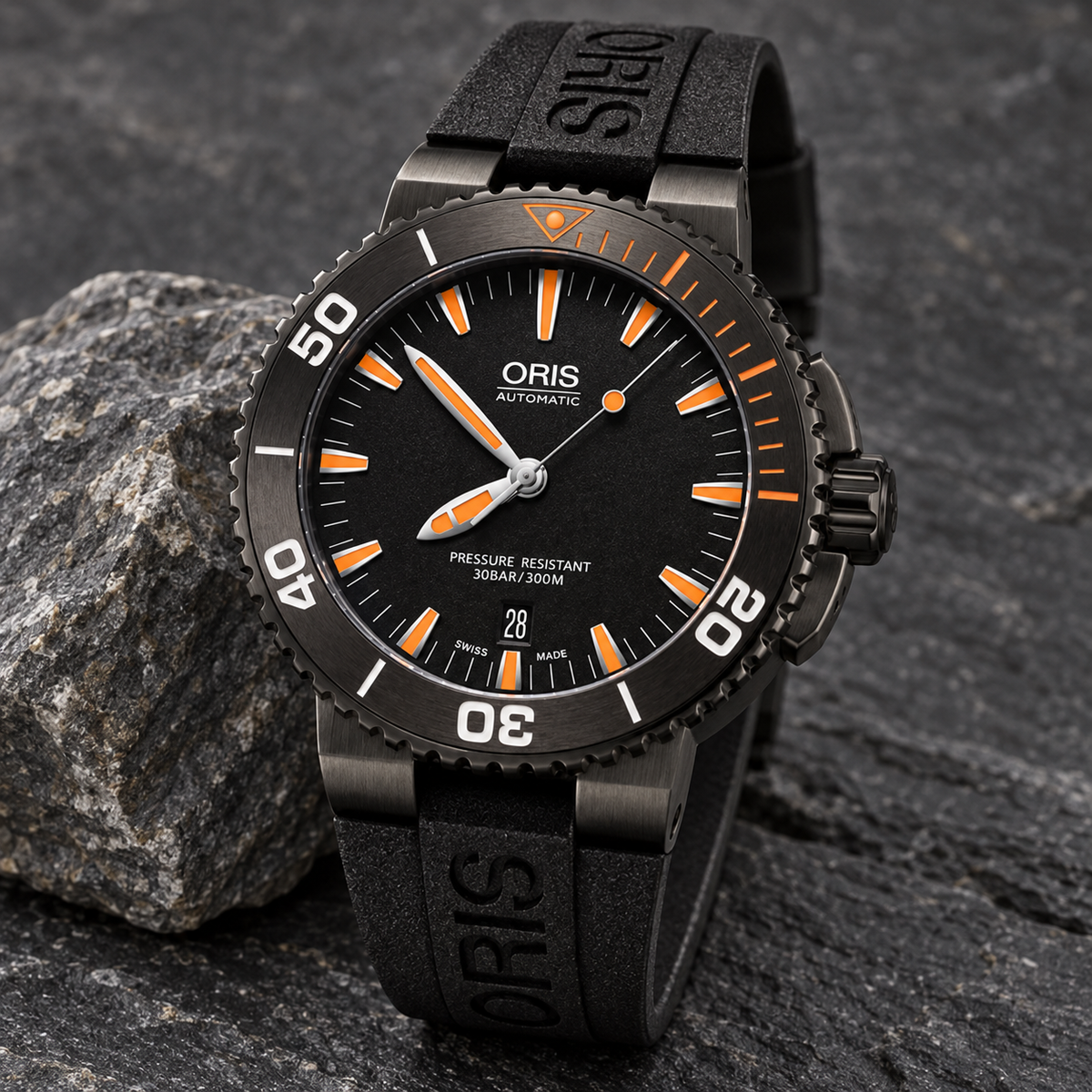 Oris Aquis Date 43mm Black Orange Dial Grey PVD Black Rubber Automatic Men's Watch – stone still life