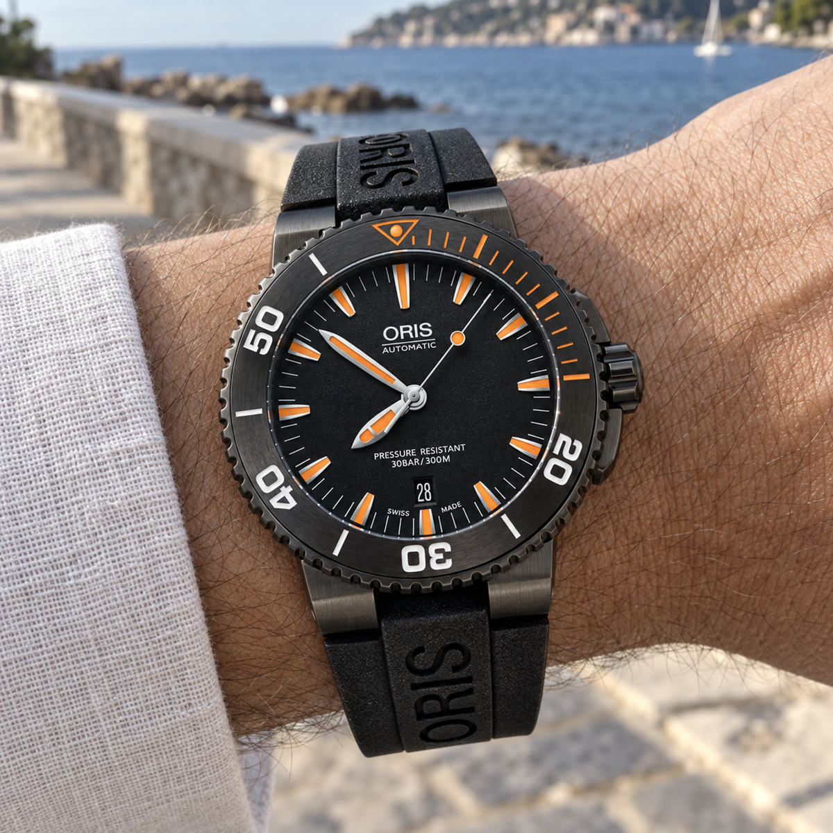 Oris Aquis Date 43mm Black Orange Dial Grey PVD Black Rubber Automatic Men's Watch – wrist lifestyle