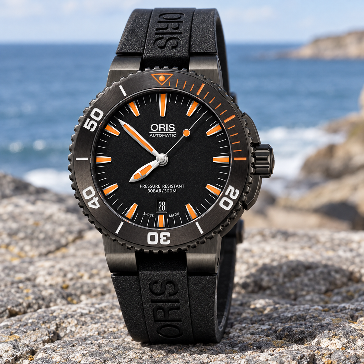 Oris Aquis Date 43mm Black Orange Dial Grey PVD Black Rubber Automatic Men's Watch – coastal lifestyle