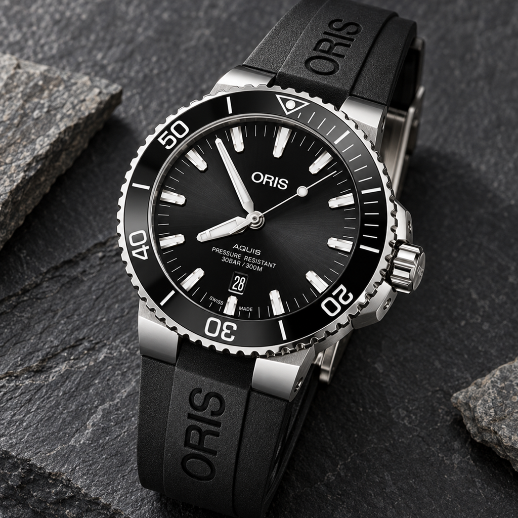 Oris Aquis Date 43.5mm Black Dial Black Rubber Automatic Men's Watch – stone still life