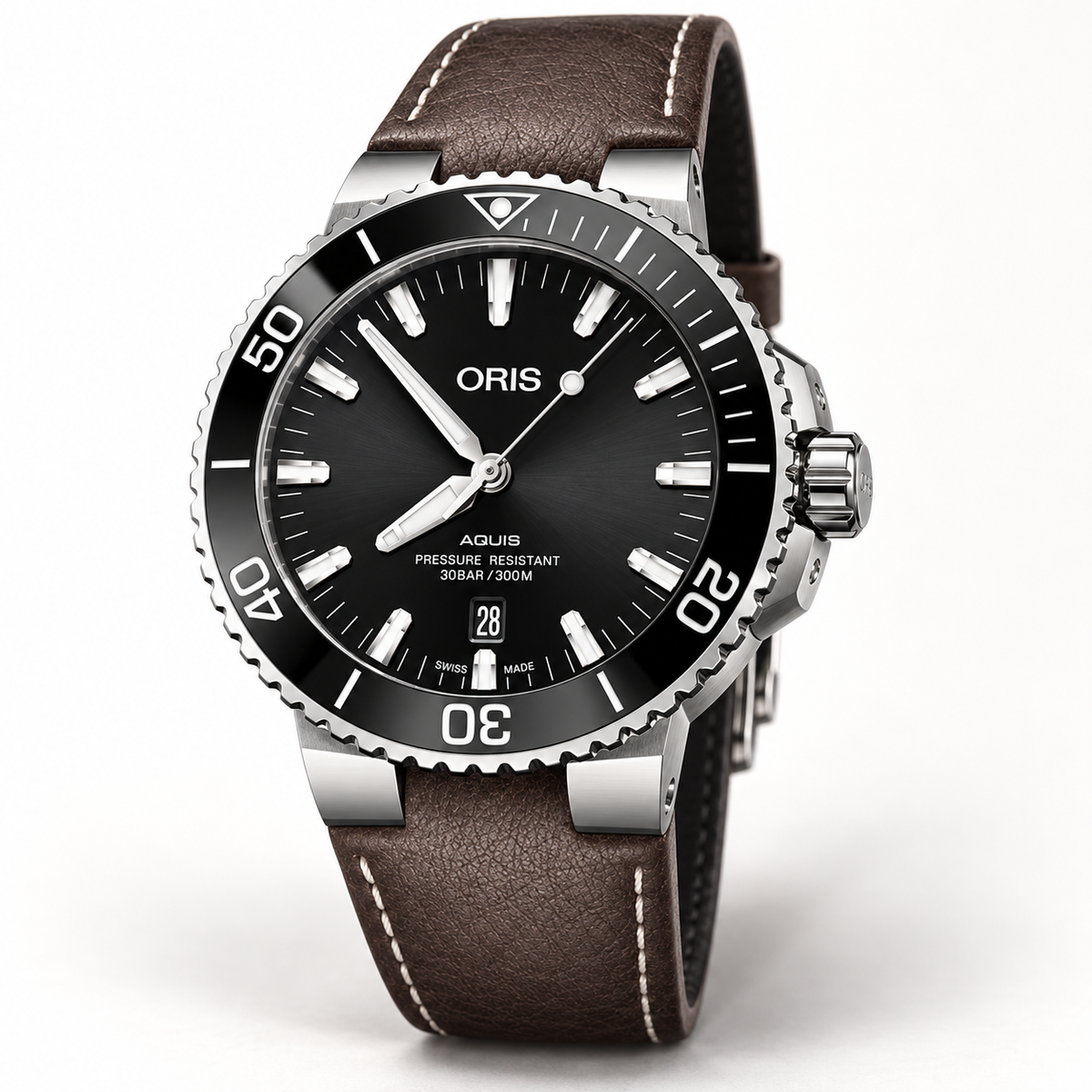 Oris Aquis Date 43.5mm Black Dial Brown Leather Automatic Men's Watch – studio