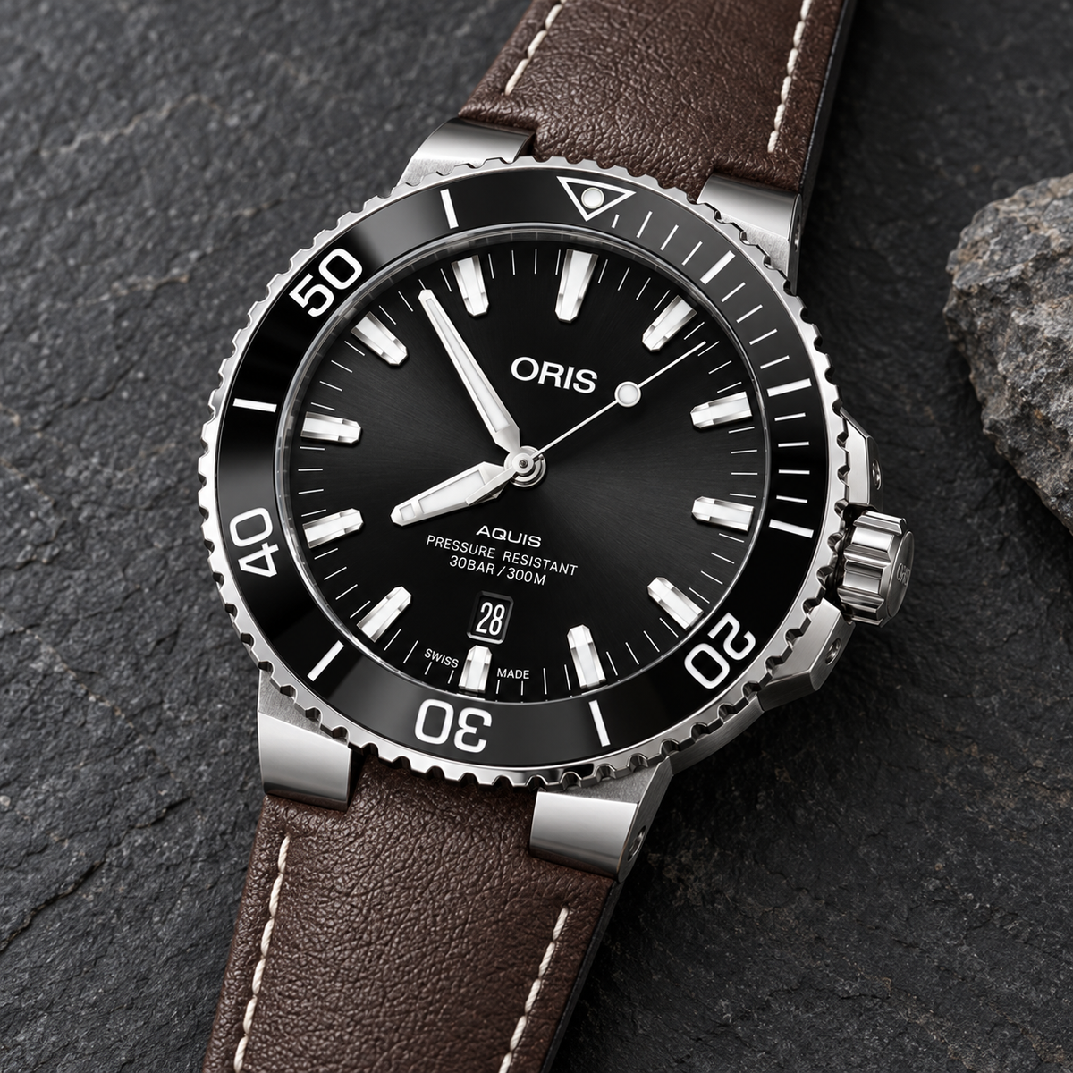 Oris Aquis Date 43.5mm Black Dial Brown Leather Automatic Men's Watch – stone still life