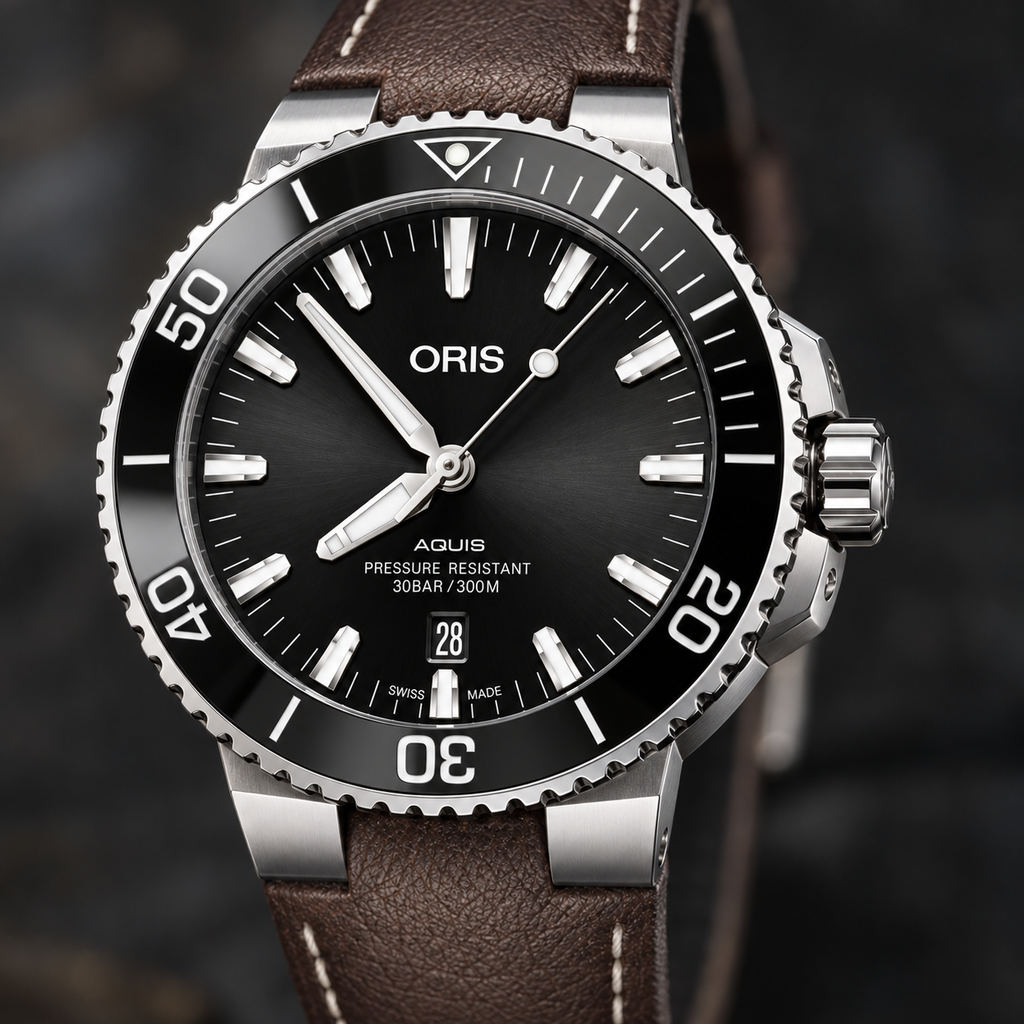 Oris Aquis Date 43.5mm Black Dial Brown Leather Automatic Men's Watch – dial macro