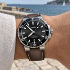 Oris Aquis Date 43.5mm Black Dial Brown Leather Automatic Men's Watch – wrist lifestyle
