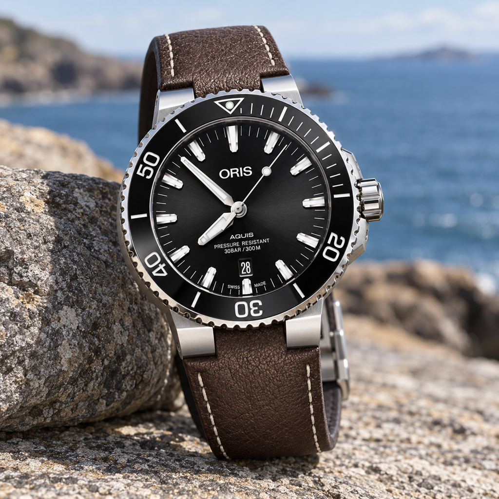 Oris Aquis Date 43.5mm Black Dial Brown Leather Automatic Men's Watch – coastal lifestyle