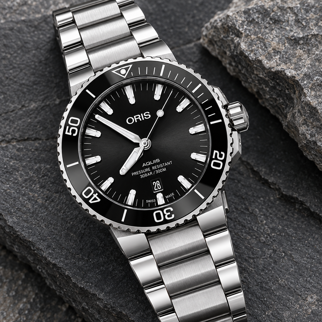 Oris Aquis Date 43.5mm Black Dial Steel Automatic Men's Watch – stone still life