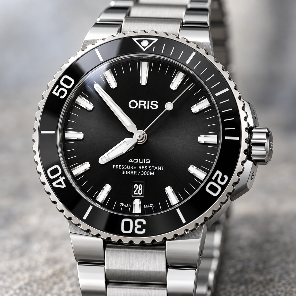 Oris Aquis Date 43.5mm Black Dial Steel Automatic Men's Watch – dial macro