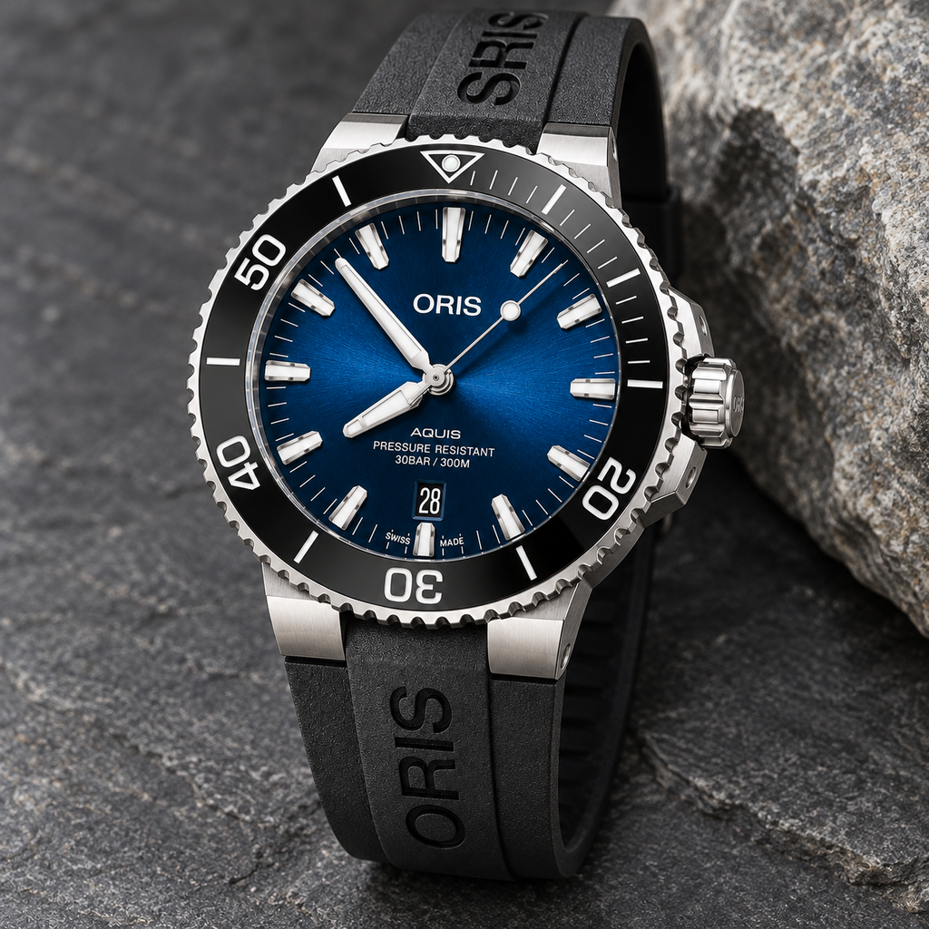 Oris Aquis Date 43.5mm Blue Dial Black Rubber Automatic Men's Watch – stone still life
