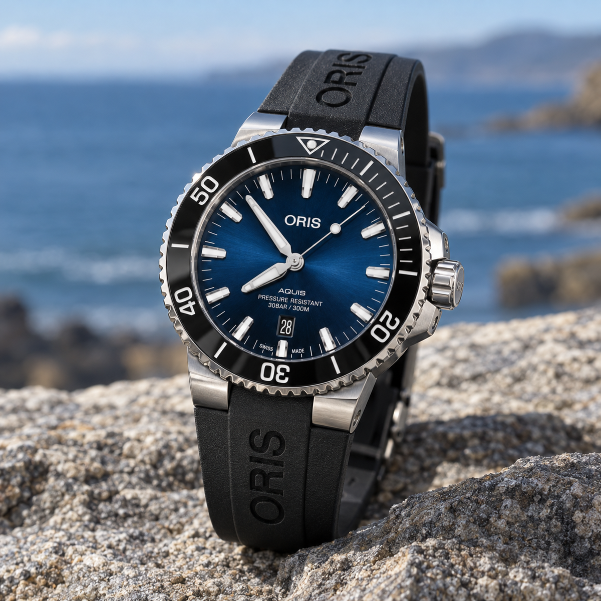 Oris Aquis Date 43.5mm Blue Dial Black Rubber Automatic Men's Watch – coastal lifestyle