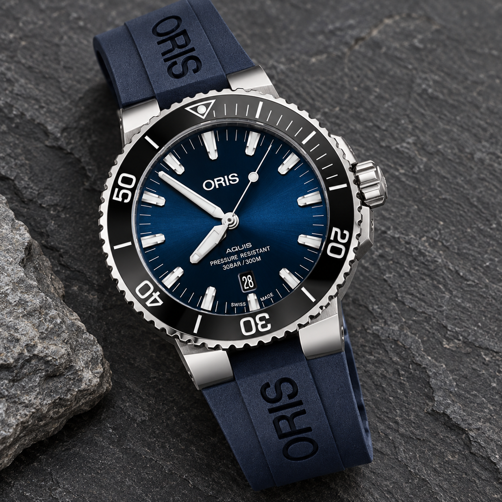 Oris Aquis Date 43.5mm Blue Dial Blue Rubber Automatic Men's Watch – stone still life