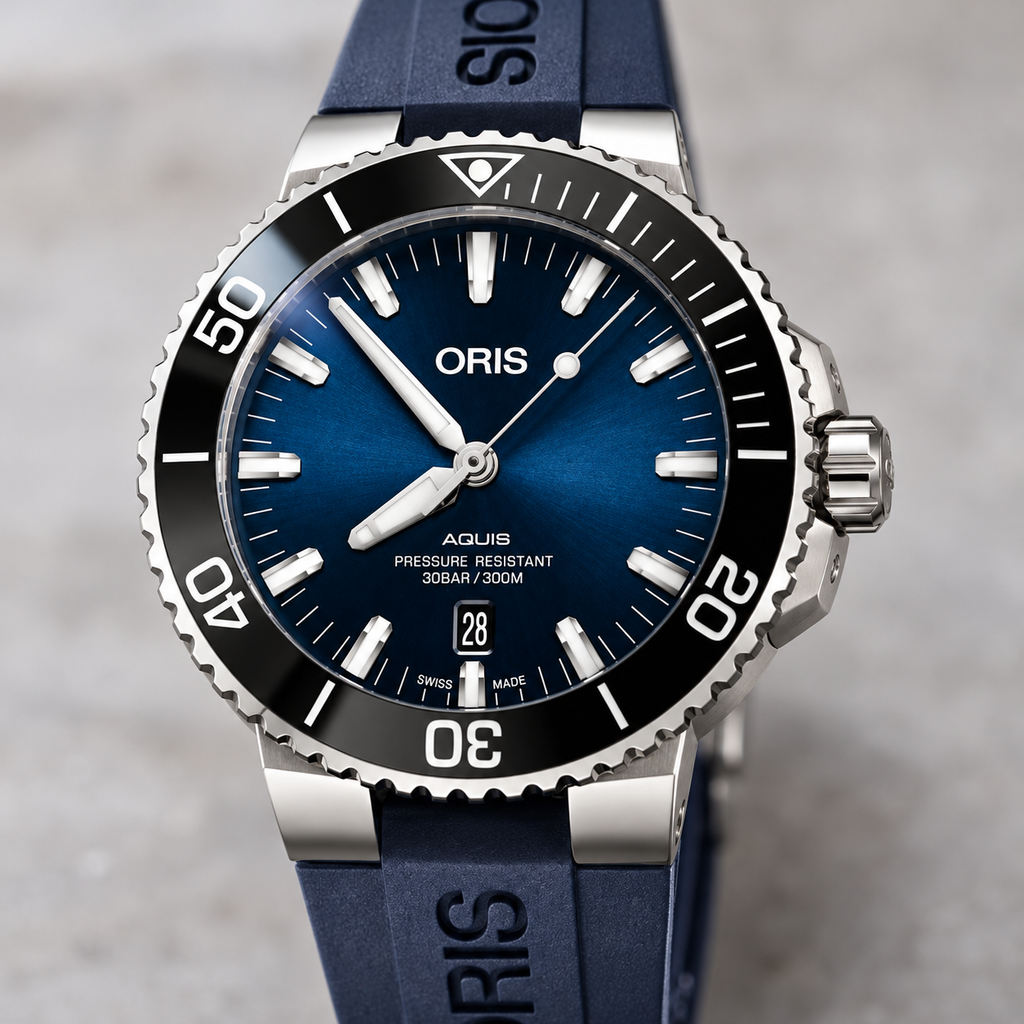 Oris Aquis Date 43.5mm Blue Dial Blue Rubber Automatic Men's Watch – dial macro