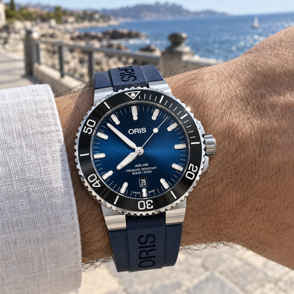 Oris Aquis Date 43.5mm Blue Dial Blue Rubber Automatic Men's Watch – wrist lifestyle