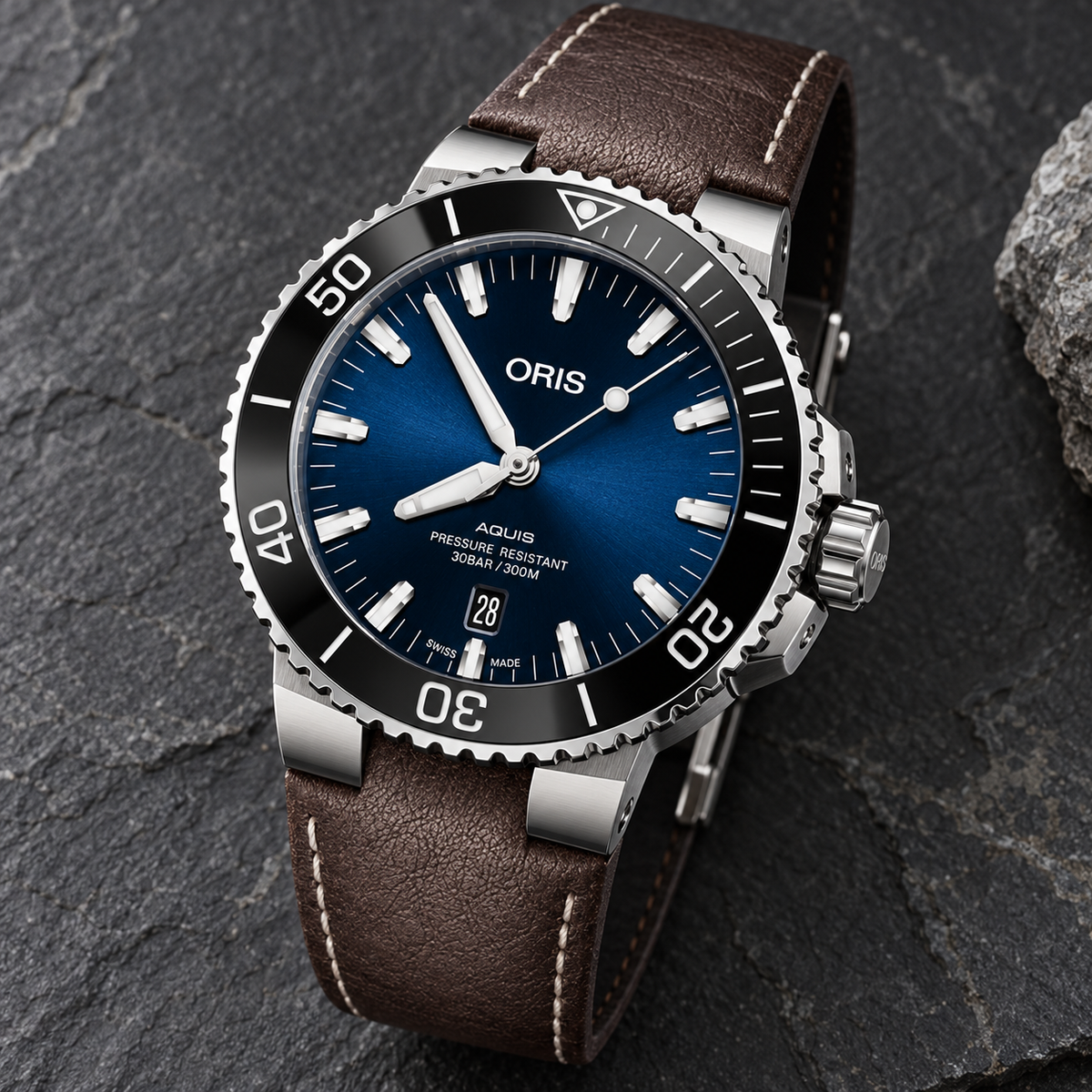 Oris Aquis Date 43.5mm Blue Dial Brown Leather Automatic Men's Watch – stone still life