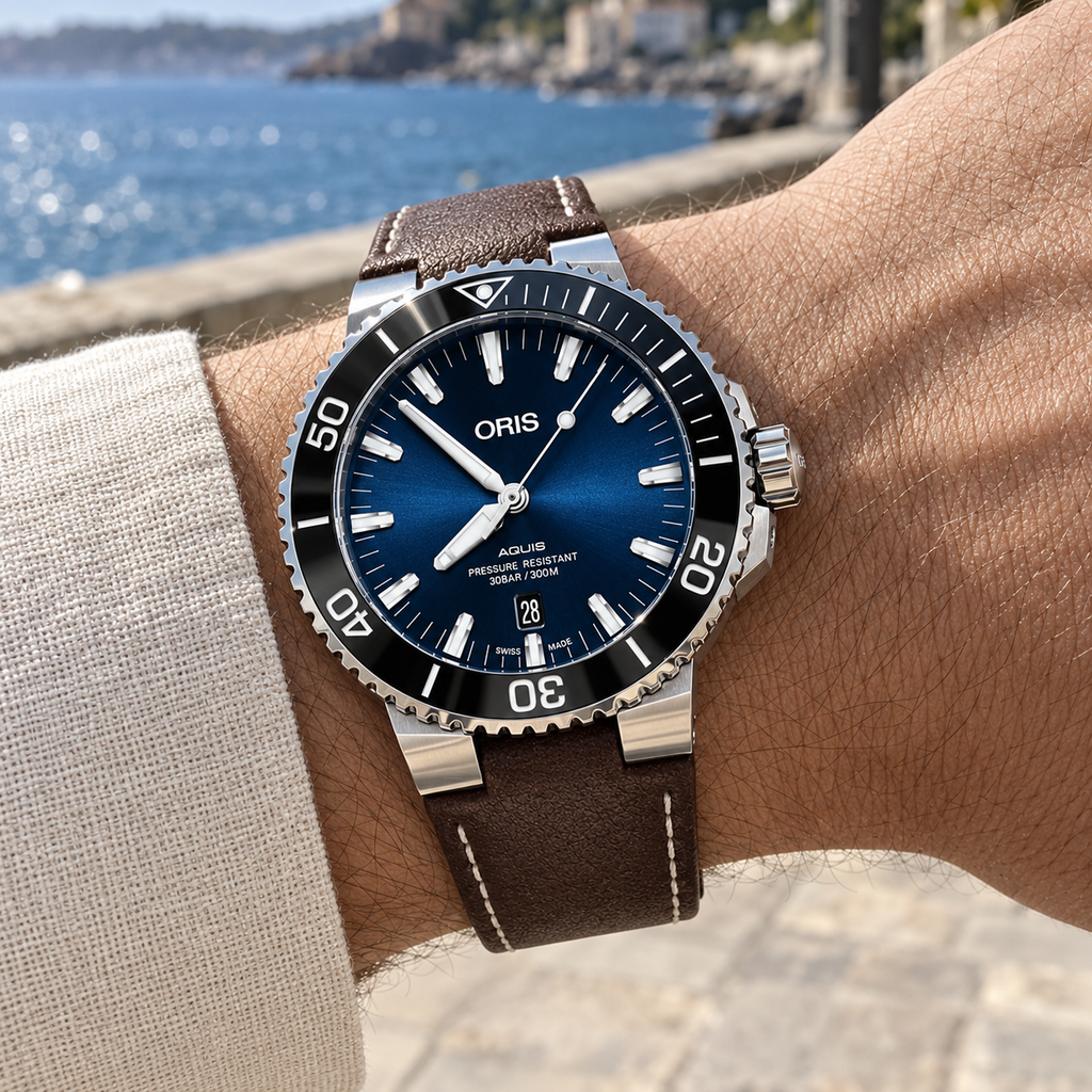 Oris Aquis Date 43.5mm Blue Dial Brown Leather Automatic Men's Watch – wrist lifestyle