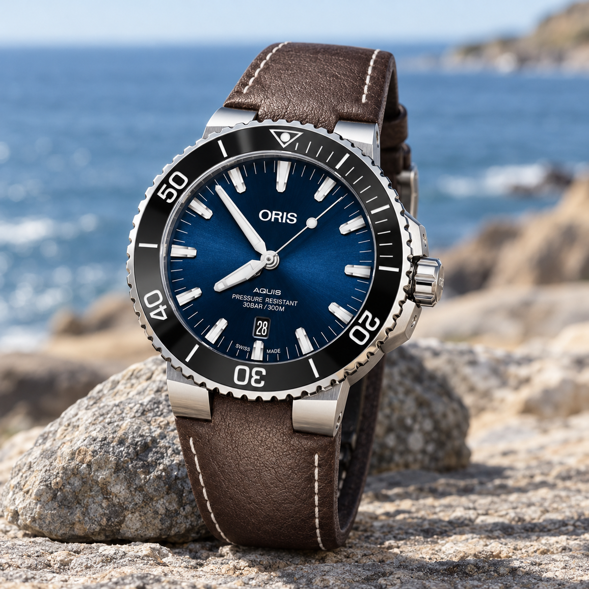 Oris Aquis Date 43.5mm Blue Dial Brown Leather Automatic Men's Watch – coastal lifestyle