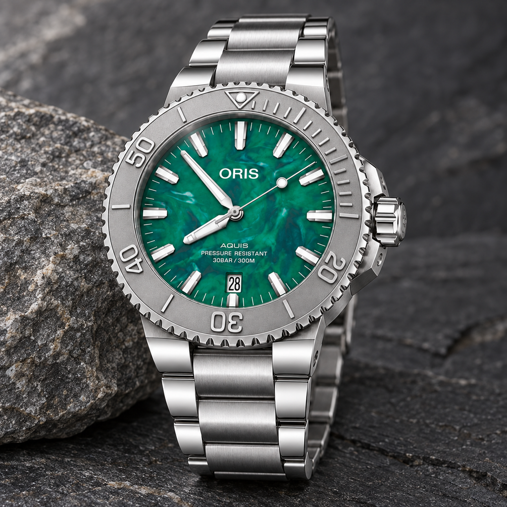 Oris X Bracenet Aquis Date 43.5mm Green Recycled Dial Steel Automatic Men's Watch – stone still life