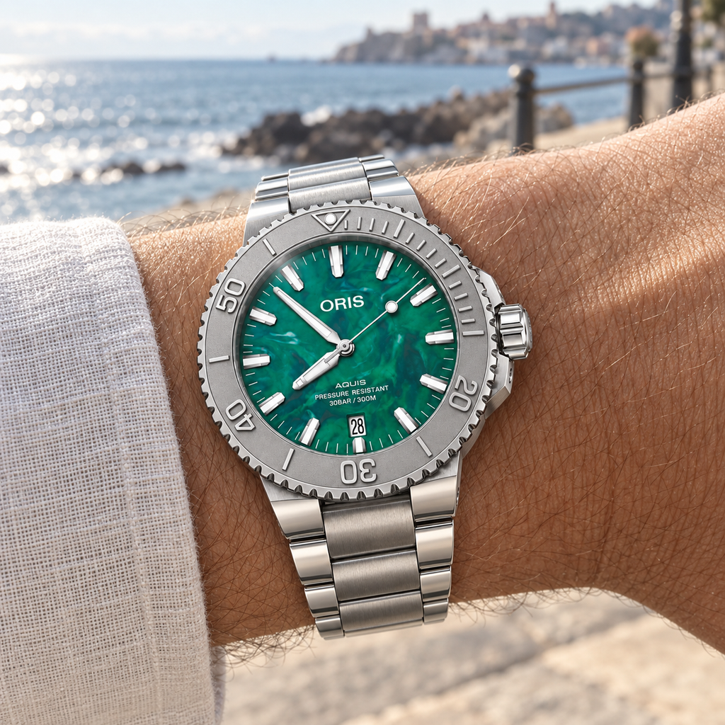 Oris X Bracenet Aquis Date 43.5mm Green Recycled Dial Steel Automatic Men's Watch – wrist lifestyle
