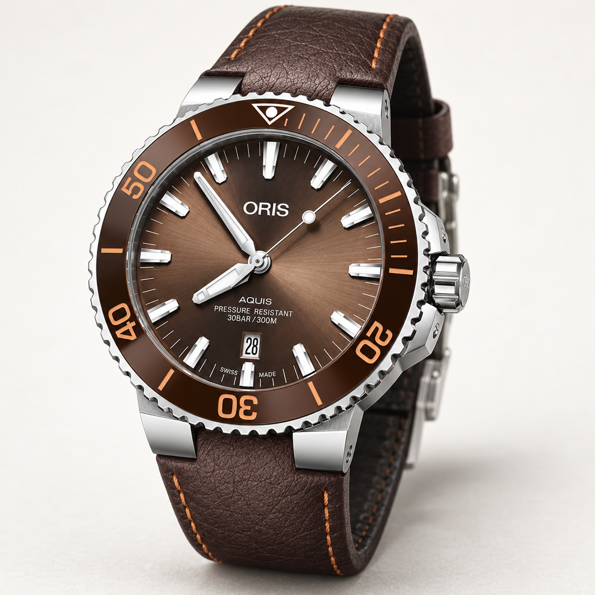 Oris Aquis Date 43.5mm Brown Dial Brown Leather Automatic Men's Watch – studio