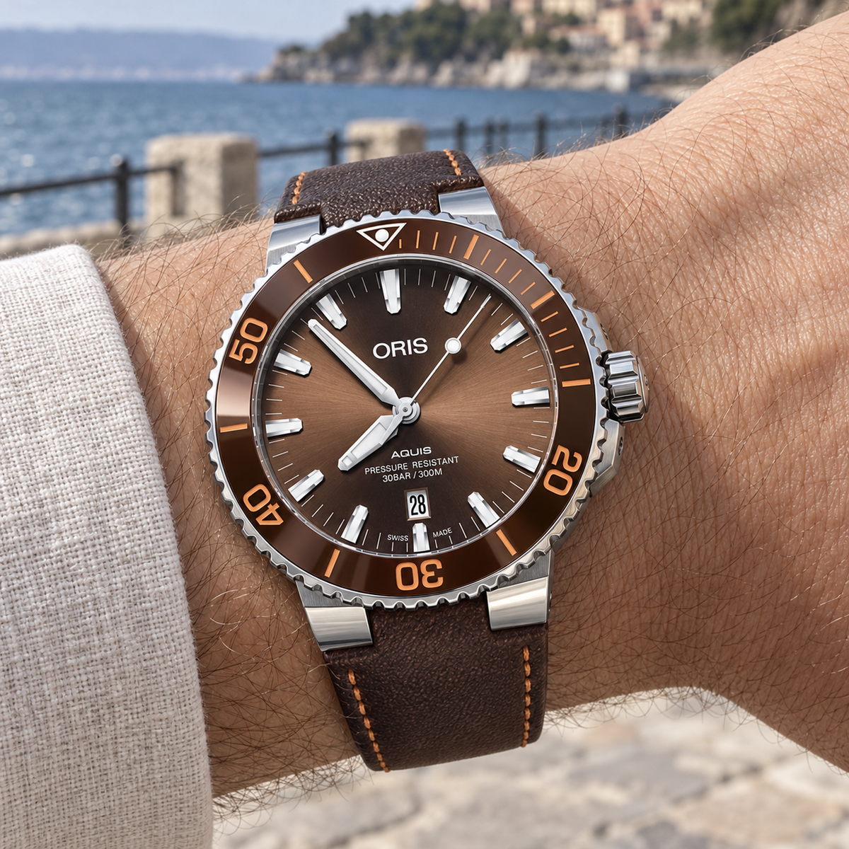 Oris Aquis Date 43.5mm Brown Dial Brown Leather Automatic Men's Watch – wrist lifestyle
