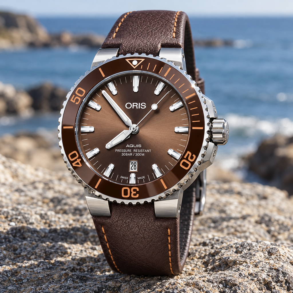 Oris Aquis Date 43.5mm Brown Dial Brown Leather Automatic Men's Watch – coastal lifestyle