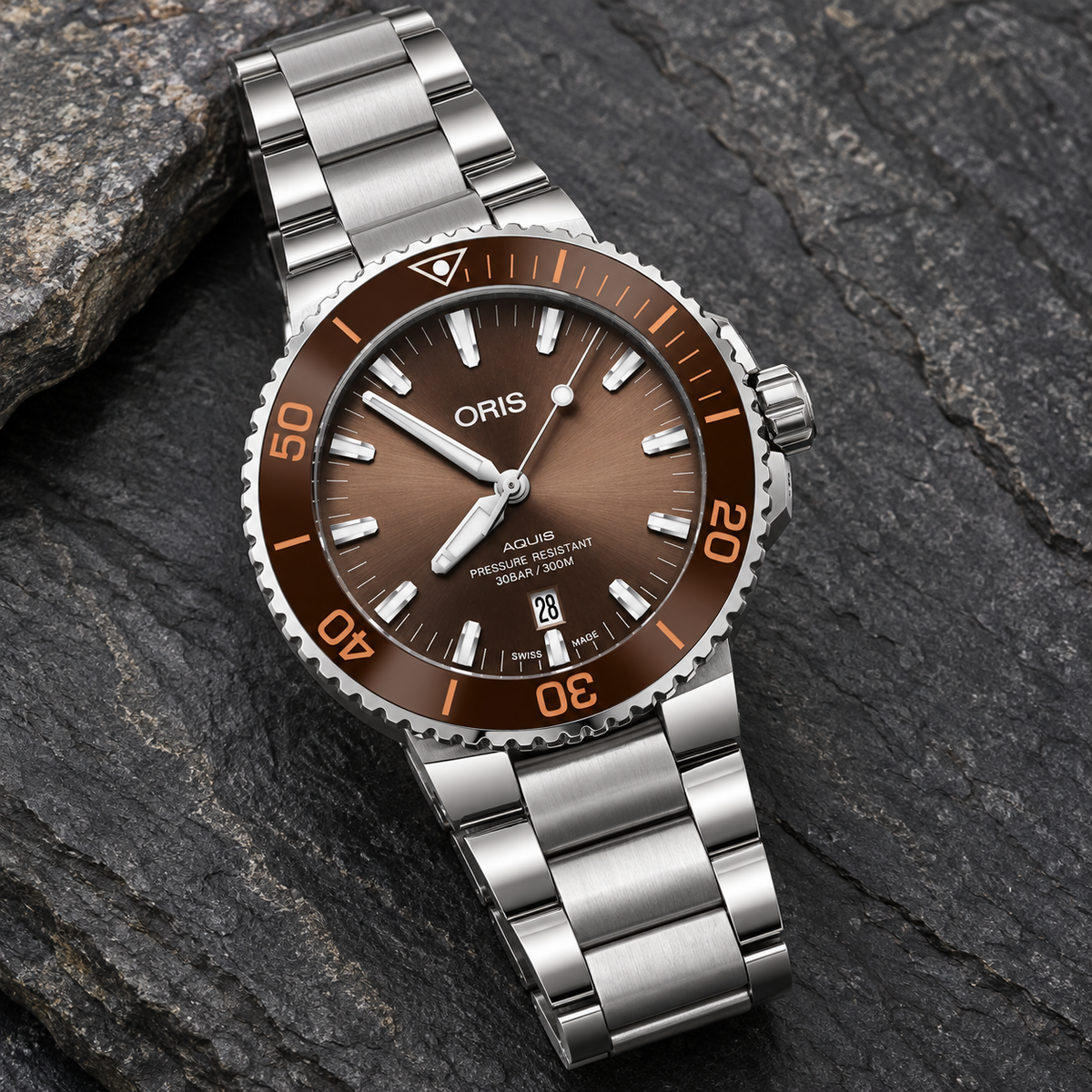 Oris Aquis Date 43.5mm Brown Dial Steel Automatic Men's Watch – stone still life