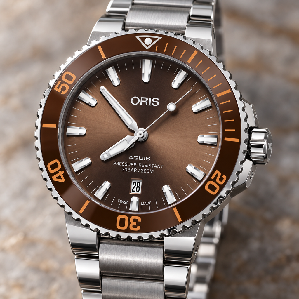 Oris Aquis Date 43.5mm Brown Dial Steel Automatic Men's Watch – dial macro