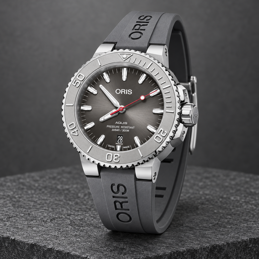 Oris Aquis Date Relief 43.5mm grey dial grey rubber strap – stone still life