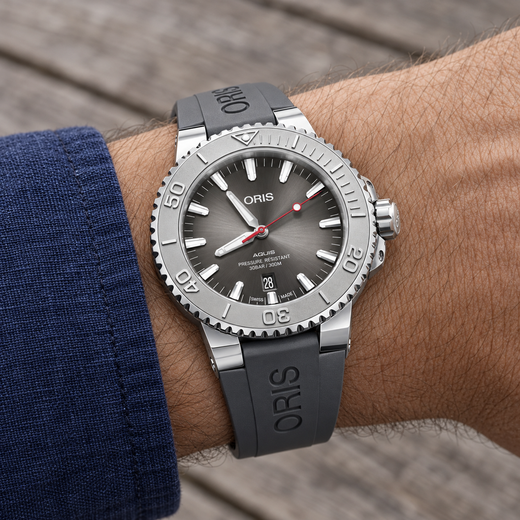 Oris Aquis Date Relief 43.5mm grey dial grey rubber strap – wrist lifestyle