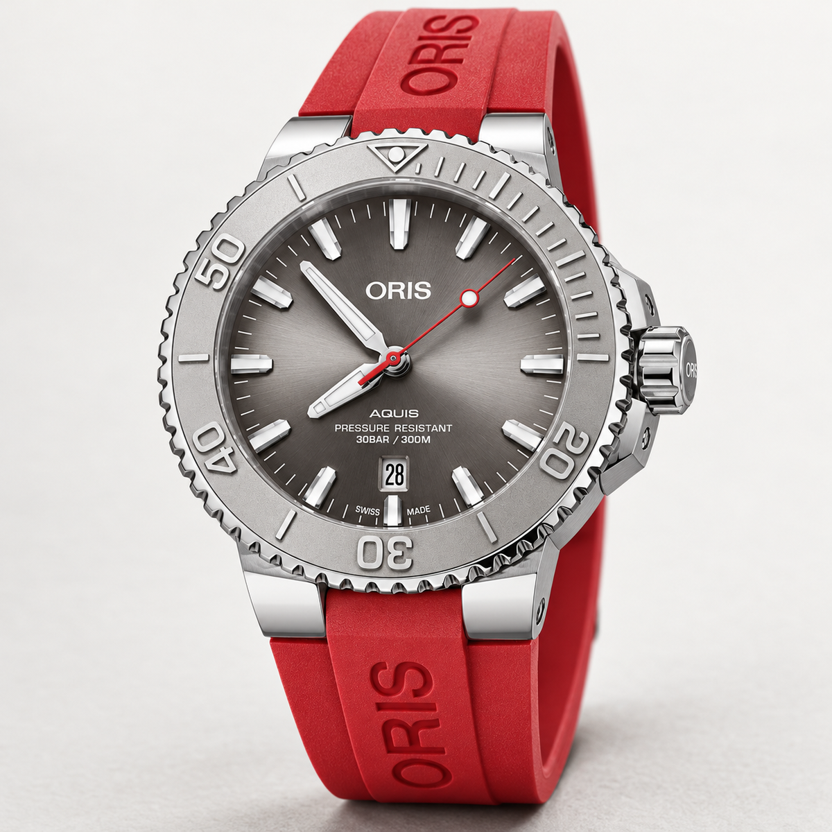 Oris Aquis Date Relief 43.5mm Grey Dial Red Rubber Automatic Men's Watch – studio