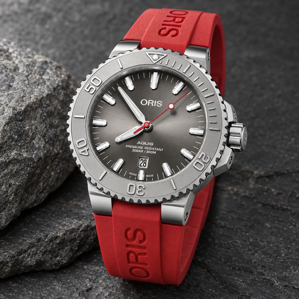 Oris Aquis Date Relief 43.5mm Grey Dial Red Rubber Automatic Men's Watch – stone still life
