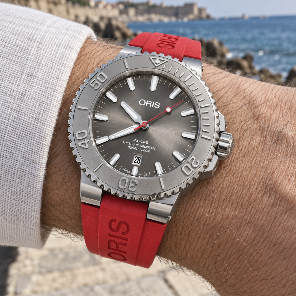 Oris Aquis Date Relief 43.5mm Grey Dial Red Rubber Automatic Men's Watch – wrist lifestyle
