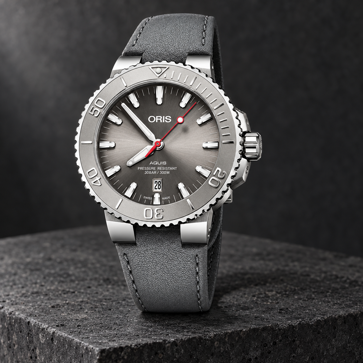 Oris Aquis Date Relief 43.5mm grey dial grey leather strap – stone still life