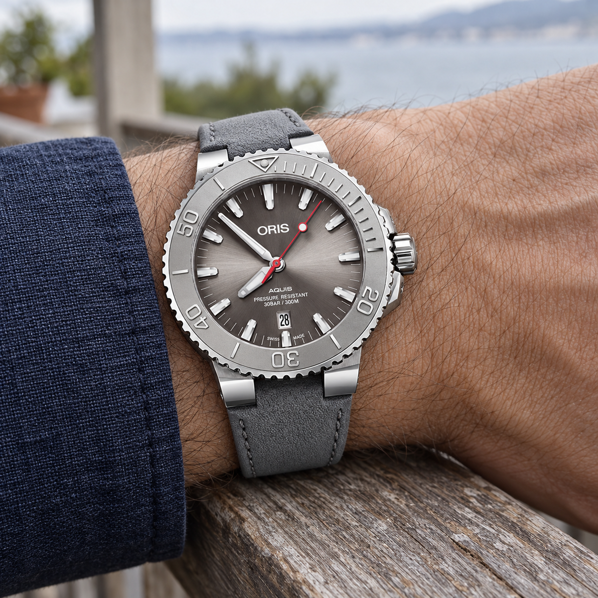 Oris Aquis Date Relief 43.5mm grey dial grey leather strap – wrist lifestyle