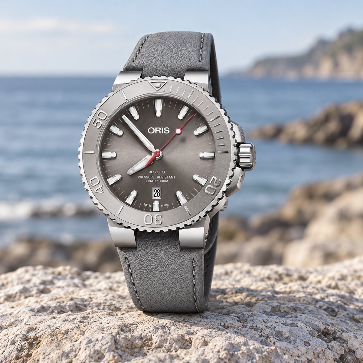 Oris Aquis Date Relief 43.5mm grey dial grey leather strap – coastal lifestyle