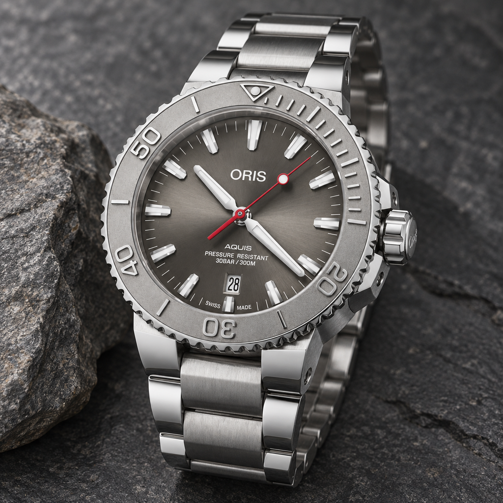 Oris Aquis Date Relief 43.5mm Grey Dial Steel Automatic Men's Watch – stone still life