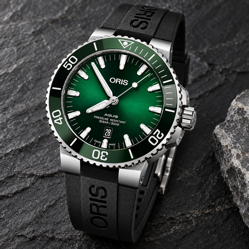 Oris Aquis Date 43.5mm Green Dial Black Rubber Automatic Men's Watch – stone still life