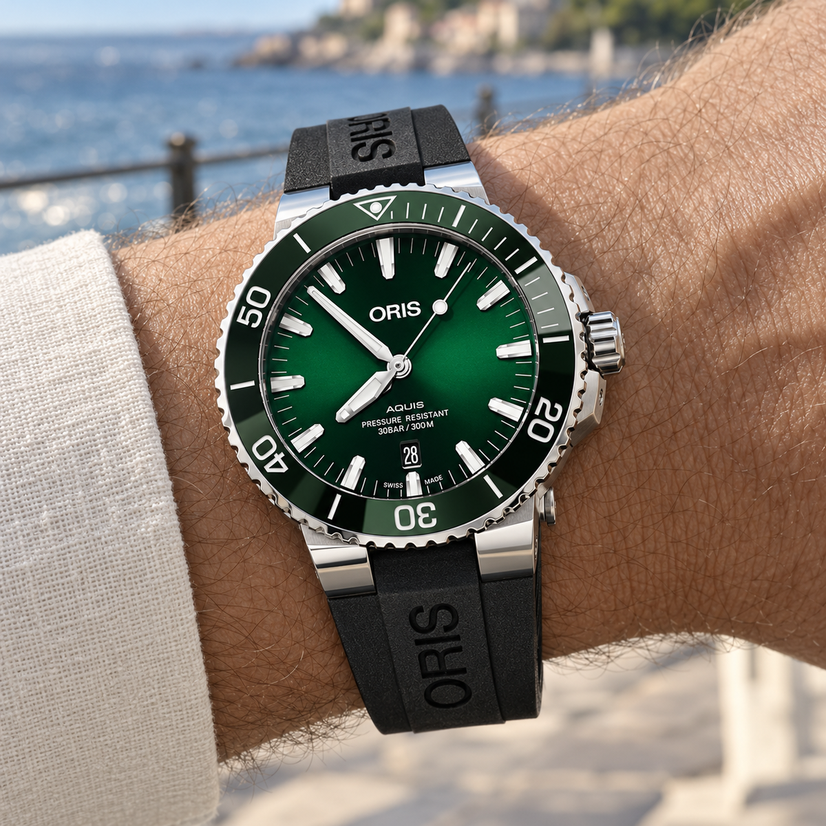 Oris Aquis Date 43.5mm Green Dial Black Rubber Automatic Men's Watch – wrist lifestyle