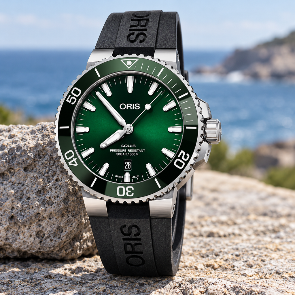 Oris Aquis Date 43.5mm Green Dial Black Rubber Automatic Men's Watch – coastal lifestyle