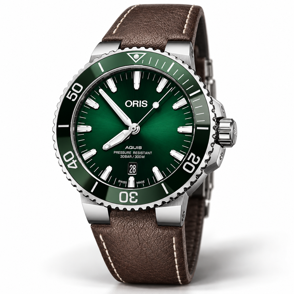 Oris Aquis Date 43.5mm Green Dial Brown Leather Automatic Men's Watch – studio