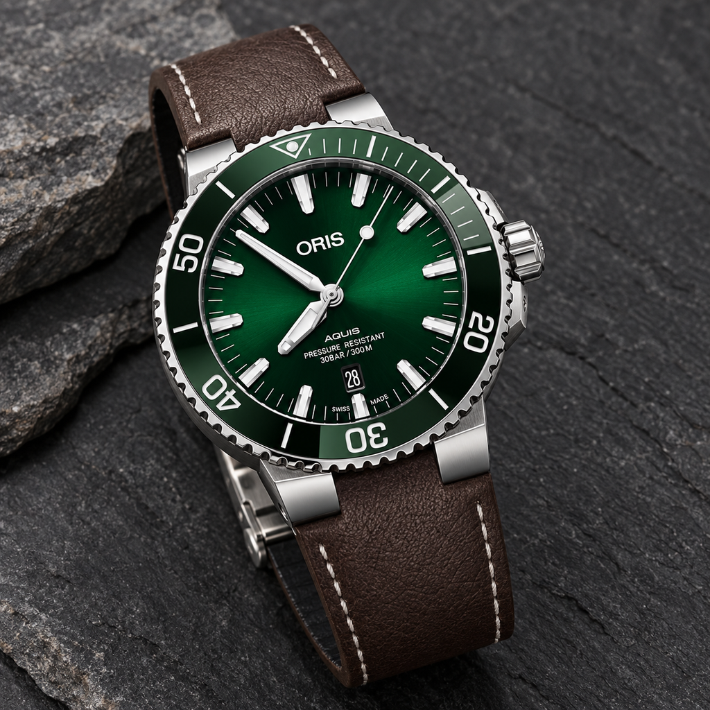 Oris Aquis Date 43.5mm Green Dial Brown Leather Automatic Men's Watch – stone still life