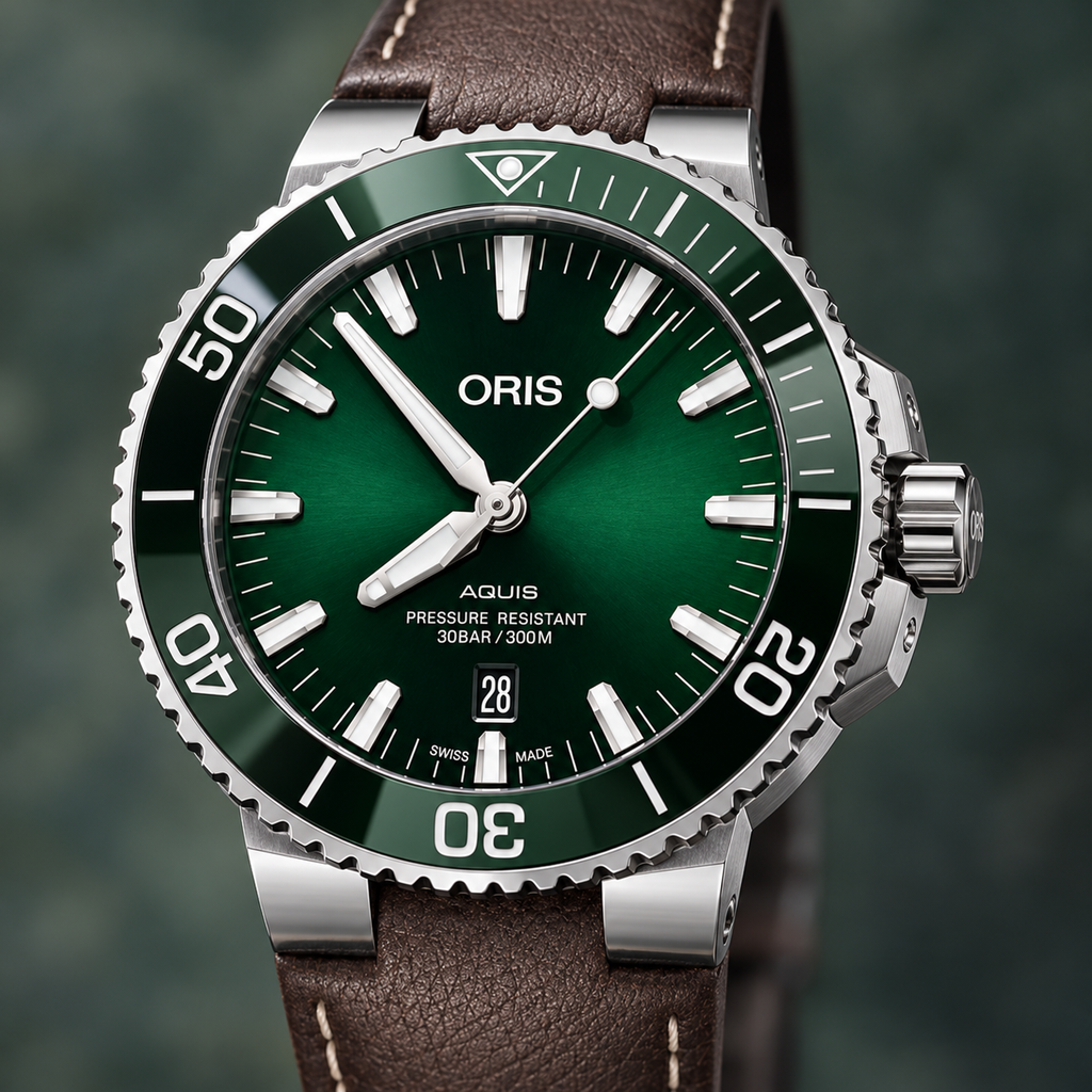 Oris Aquis Date 43.5mm Green Dial Brown Leather Automatic Men's Watch – dial macro